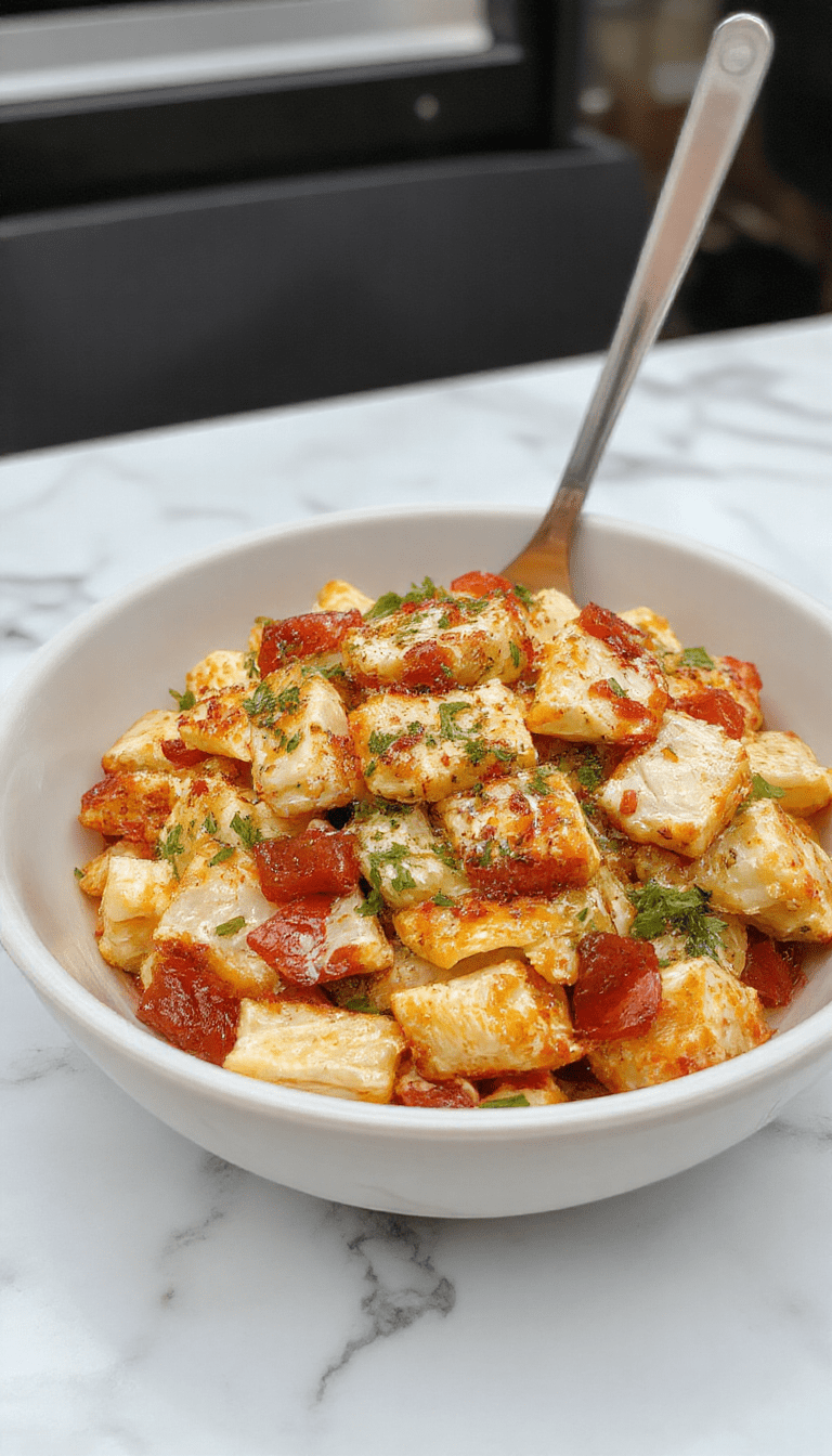 Colorful Mediterranean chicken pasta salad in a white bowl with vibrant cherry tomatoes, sliced cucumbers, kalamata olives, crumbled feta cheese, fresh parsley, and grilled chicken strips. The dish has a glossy vinaigrette dressing, and the background features a rustic wooden table with additional ingredients scattered artistically.