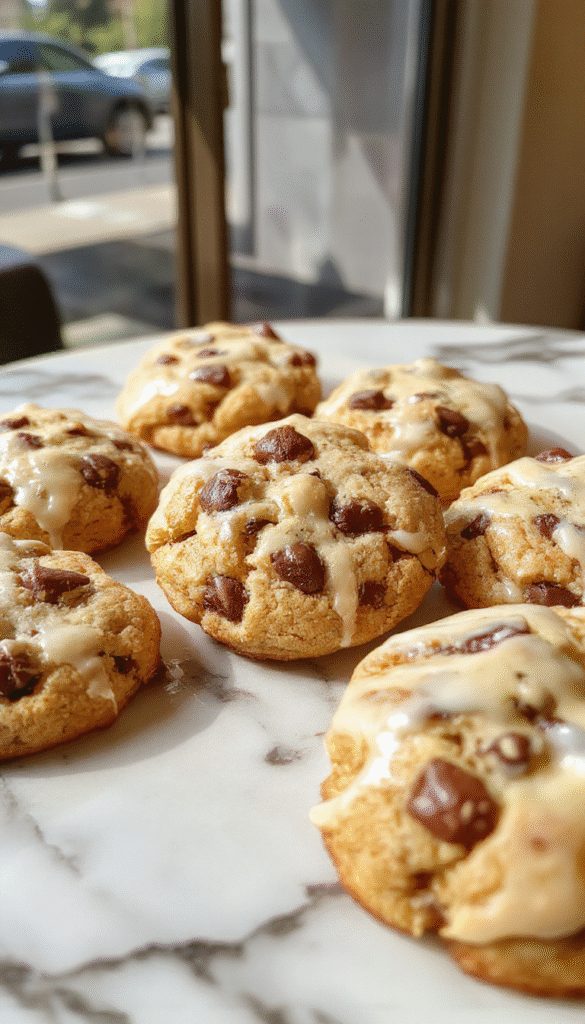 A close-up of golden-brown Neiman Marcus cookies stacked on a white plate, with chunky chocolate chips and toasted edges visible, styled with a sprig of mint on a rustic wooden table, with a blurred background of a cozy kitchen setting.