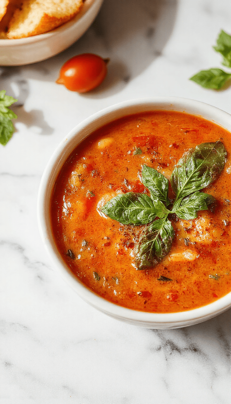 A vibrant bowl of roasted tomato basil soup garnished with fresh basil leaves, served with a drizzle of olive oil on a rustic wooden table, with toasted bread slices on the side. The rich orange-red soup contrasts beautifully with the bright green basil and the golden toasted bread, creating an inviting and warm atmosphere.