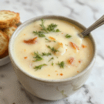 A steaming bowl of creamy soup garnished with fresh herbs, served on a rustic wooden table with a spoon and a slice of crusty bread in the background, highlighting the rich texture and inviting presentation.