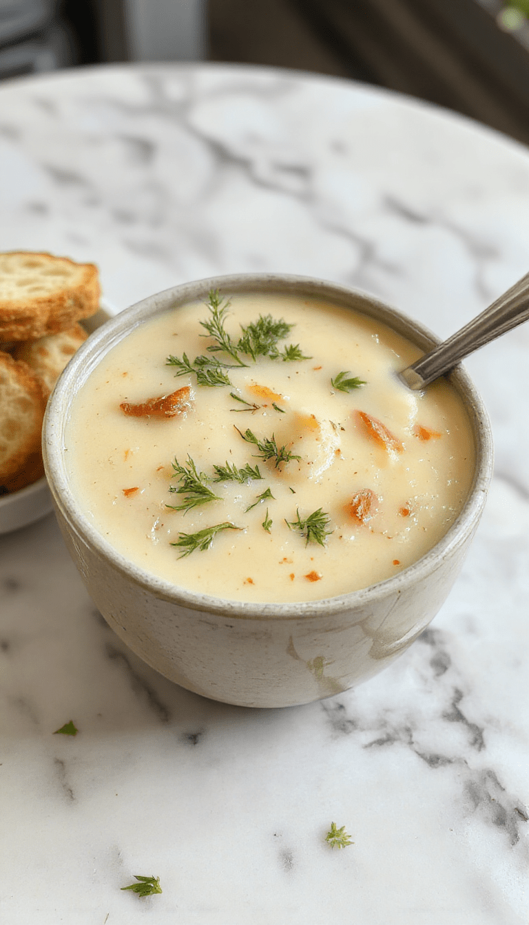 A steaming bowl of creamy soup garnished with fresh herbs, served on a rustic wooden table with a spoon and a slice of crusty bread in the background, highlighting the rich texture and inviting presentation.