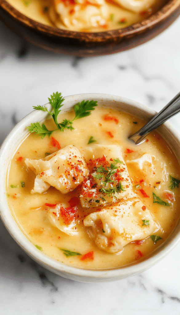 A steaming bowl of wonton soup showcasing delicate wontons topped with chopped green onions, vibrant carrots, and cilantro, served in a clear broth with a few slices of bok choy, styled with chopsticks resting on the side against a light wooden background.