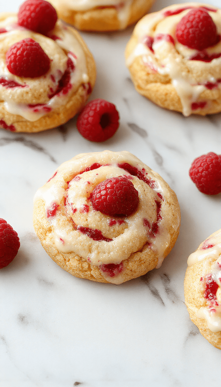 A close-up of raspberry swirl cookies displaying vibrant red raspberry jam swirled into golden-brown cookie dough, arranged on a rustic wooden platter with a few fresh raspberries scattered around, highlighting their glossy, textured surface and inviting homemade appearance.