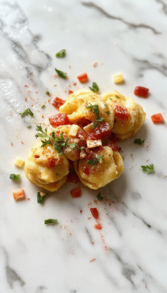 A close-up of a vibrant plate of tortellini pasta topped with fresh basil and drizzled with creamy sauce, garnished with grated cheese and red pepper flakes, styled on rustic white dishware against a wooden table