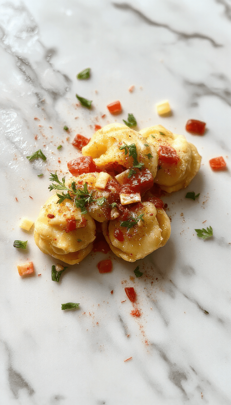 A close-up of a vibrant plate of tortellini pasta topped with fresh basil and drizzled with creamy sauce, garnished with grated cheese and red pepper flakes, styled on rustic white dishware against a wooden table