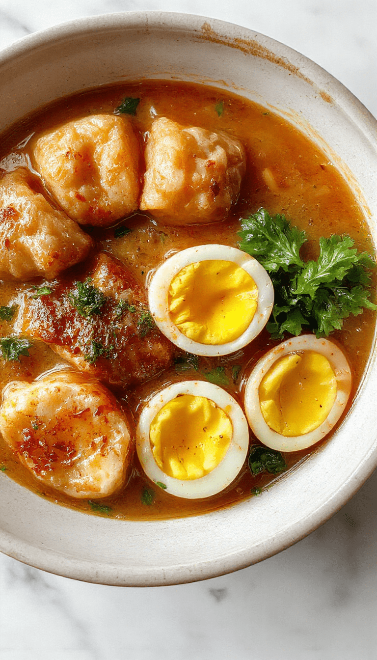 A vibrant bowl of ramen showcasing golden soft-boiled eggs, green leafy vegetables, and plump dumplings on top of steaming noodles, garnished with fresh herbs and sesame seeds, with a rustic wooden background and warm lighting
