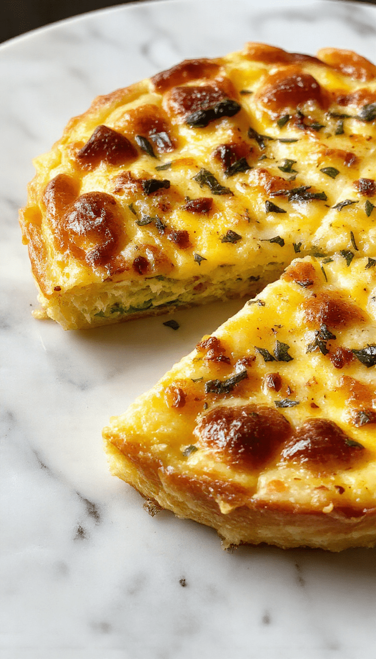 A vibrant, golden-brown slice of breakfast quiche placed on a rustic wooden table. The crust is flaky and crisp, filled with a creamy mixture of eggs, cheese, and vegetables, garnished with fresh herbs. Surrounding the plate are small bowls of colorful ingredients like spinach, diced tomatoes, and grated cheese, with a lightly styled linen napkin for a cozy, inviting look.