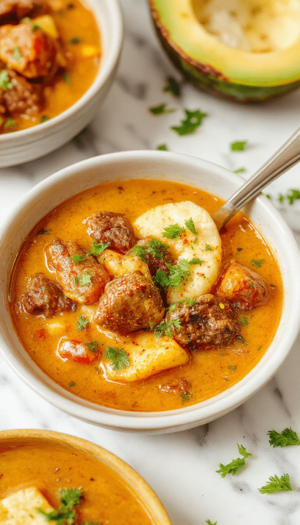 A vibrant bowl of beef coconut curry featuring tender chunks of beef immersed in a rich, creamy coconut sauce with hints of spices, garnished with fresh herbs, served on a rustic wooden table with side ingredients like coconut flakes and spices, capturing a warm and inviting culinary scene.