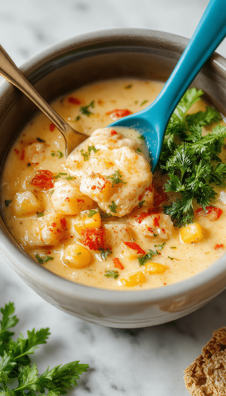 A vibrant bowl of creamy chicken corn chowder garnished with chopped herbs, served in a white ceramic bowl on a rustic wooden table. The chowder contains tender chicken pieces, sweet corn kernels, and a rich, thick broth with a hint of paprika. The background features fresh ingredients like corn on the cob, herbs, and a ladle, styled for a cozy home-cooked meal.