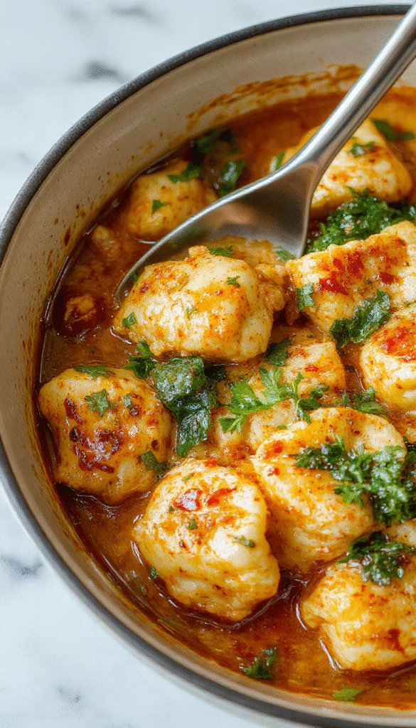 Vibrant dish featuring golden-brown chicken pieces coated in spicy garlic butter sauce, nestled around tender cheese tortellini, garnished with chopped parsley and red pepper flakes on a rustic white plate.