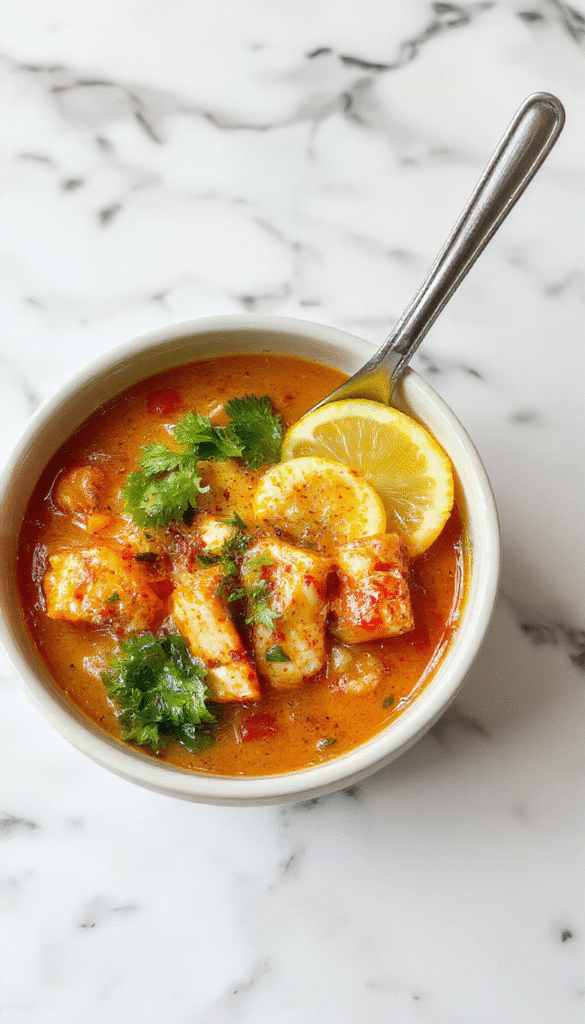 A vibrant bowl of Thai red curry noodle soup featuring a rich red broth garnished with fresh cilantro, sliced red chilies, and tender rice noodles. The bright red curry is paired with colorful vegetables and tofu or shrimp, creating an inviting and flavorful presentation with a glossy, aromatic surface.