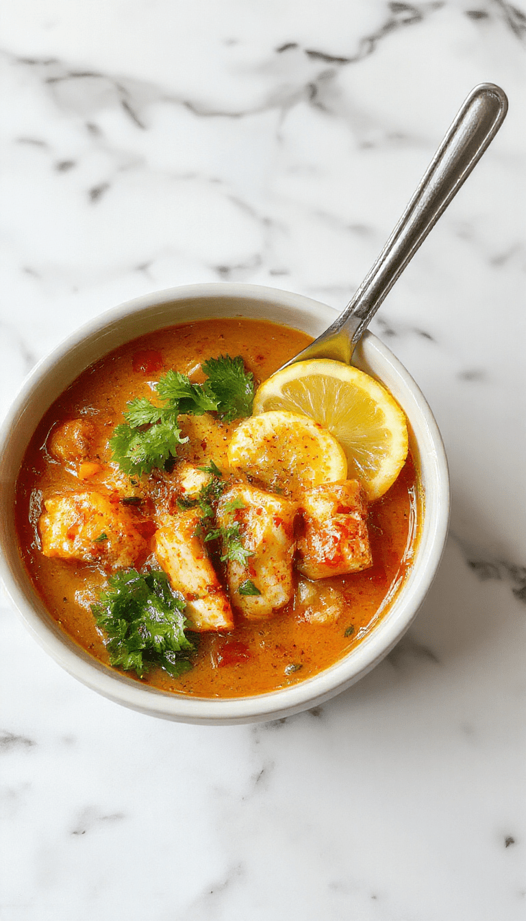 A vibrant bowl of Thai red curry noodle soup featuring a rich red broth garnished with fresh cilantro, sliced red chilies, and tender rice noodles. The bright red curry is paired with colorful vegetables and tofu or shrimp, creating an inviting and flavorful presentation with a glossy, aromatic surface.