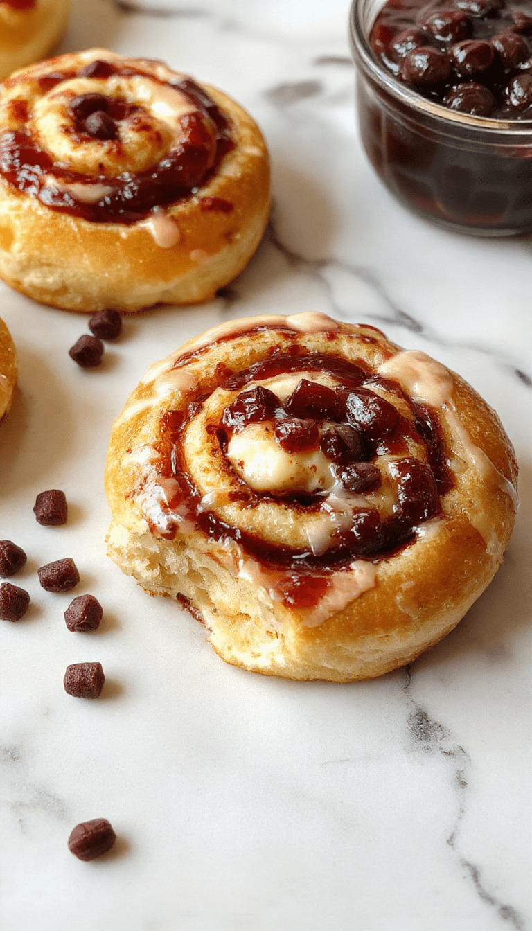 Golden brown swirl buns topped with a glossy coating of sweet cheese glaze, filled with vibrant red currant jam, arranged on a rustic wooden board with a rustic backdrop, showcasing the fluffy texture and enticing swirl pattern.