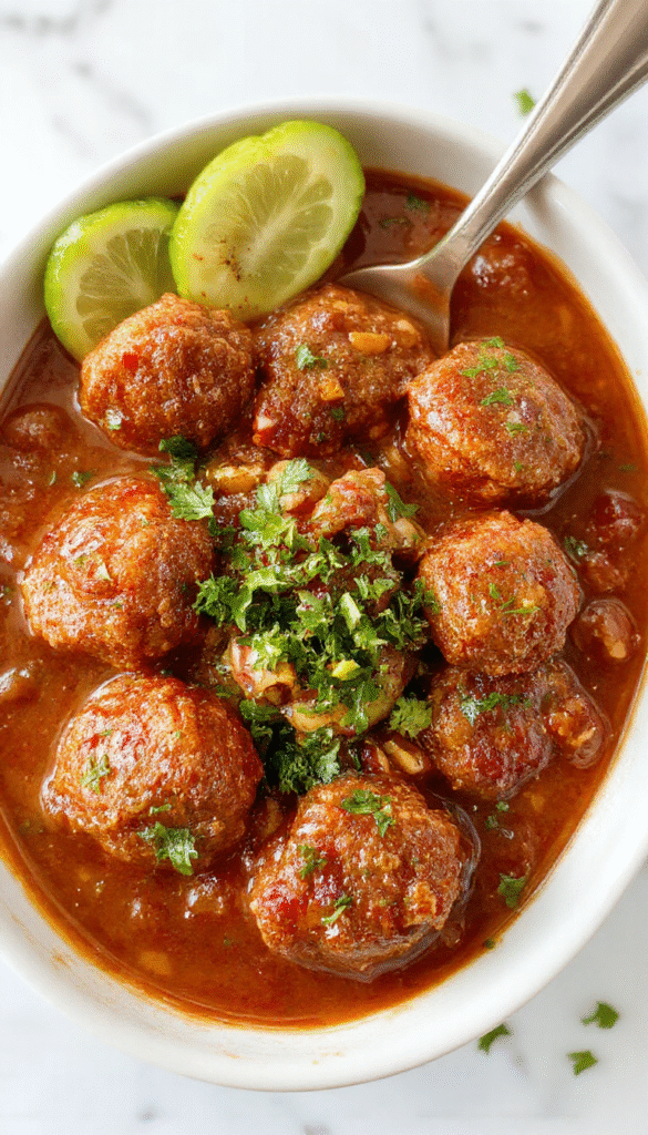 Colorful plate featuring glazed meatballs coated in sweet chili sauce, garnished with chopped green onions on a light wooden surface with a side of rice and fresh herbs, styled for an inviting, family-friendly meal.