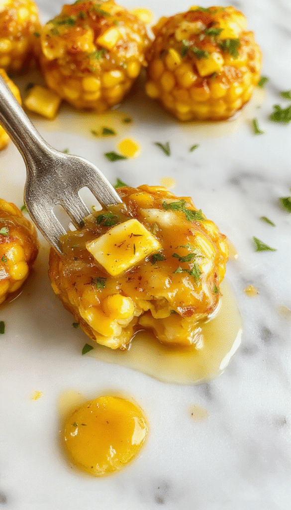 A vibrant skillet filled with golden yellow corn kernels coated in glossy honey butter, garnished with fresh herbs, on a rustic wooden table with a side of crusty bread.