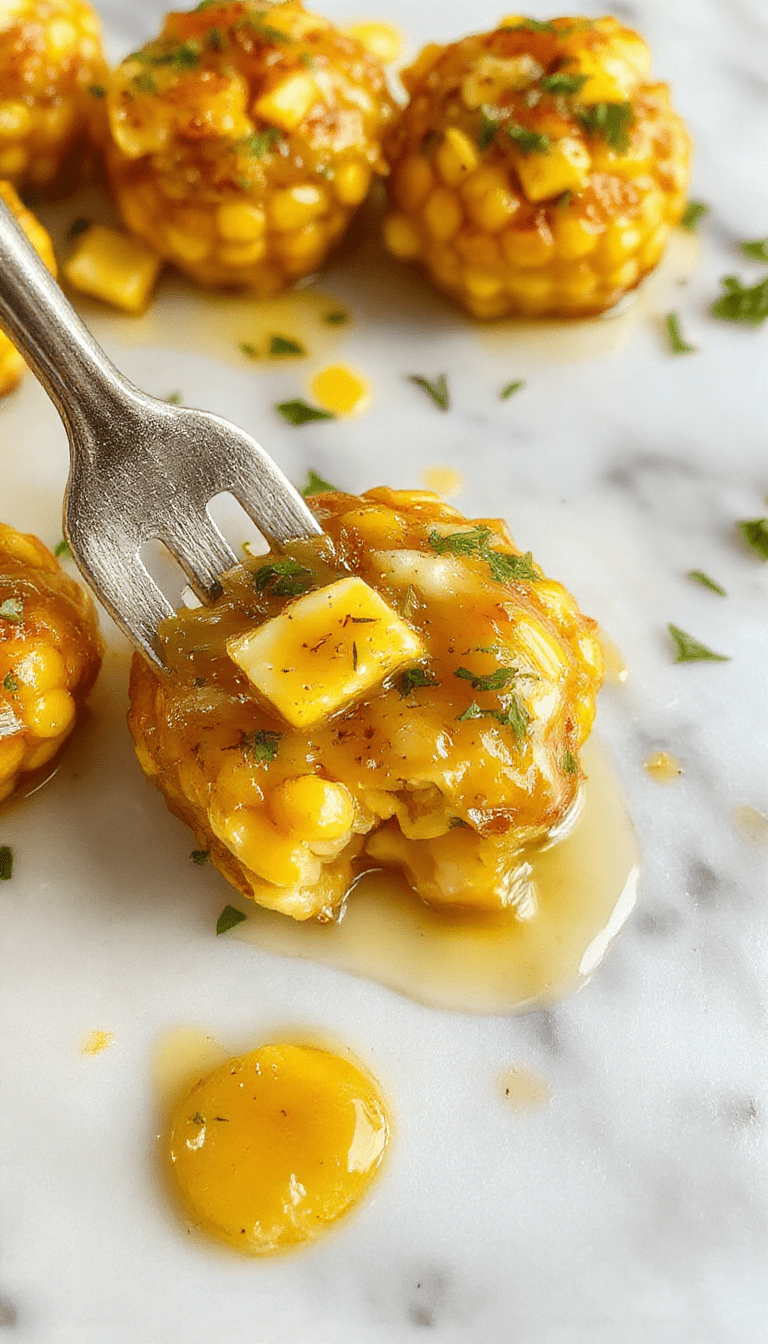 A vibrant skillet filled with golden yellow corn kernels coated in glossy honey butter, garnished with fresh herbs, on a rustic wooden table with a side of crusty bread.