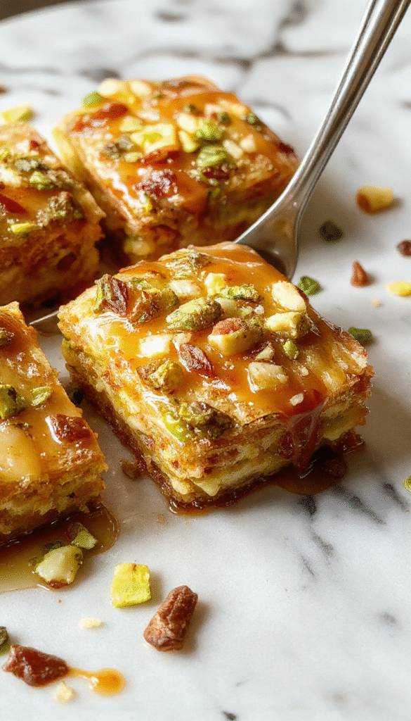 A close-up of a slice of Honey Pistachio Baklava Cheesecake on a white plate. The cheesecake features multiple layers with a golden-brown baklava topping, scattered chopped pistachios on top, and drizzled honey. The dessert is garnished with whole pistachios and a honey drizzle, with a rustic wooden background and soft lighting highlighting its textures.