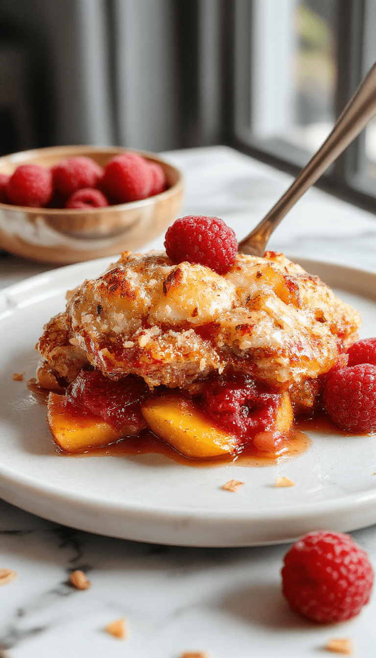 A vibrant and colorful cobbler featuring golden-brown crust topped with fresh, juicy peach slices and bright red raspberries, garnished with a sprig of mint. The dish is presented on a rustic white plate, with a scoop of vanilla ice cream melting over the warm filling, surrounded by scattered berries and a drizzle of syrup.
