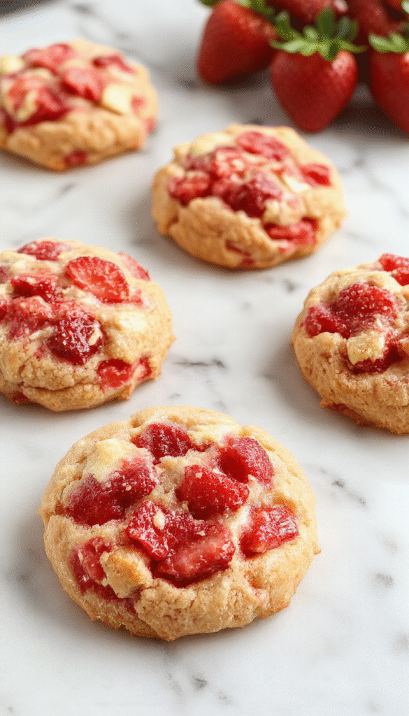 A close-up of golden-brown strawberry crunch cookies arranged on a rustic white plate, topped with fresh sliced strawberries and sprinkled with crunchy crumble, with a light pastel background emphasizing the sweet and inviting texture.
