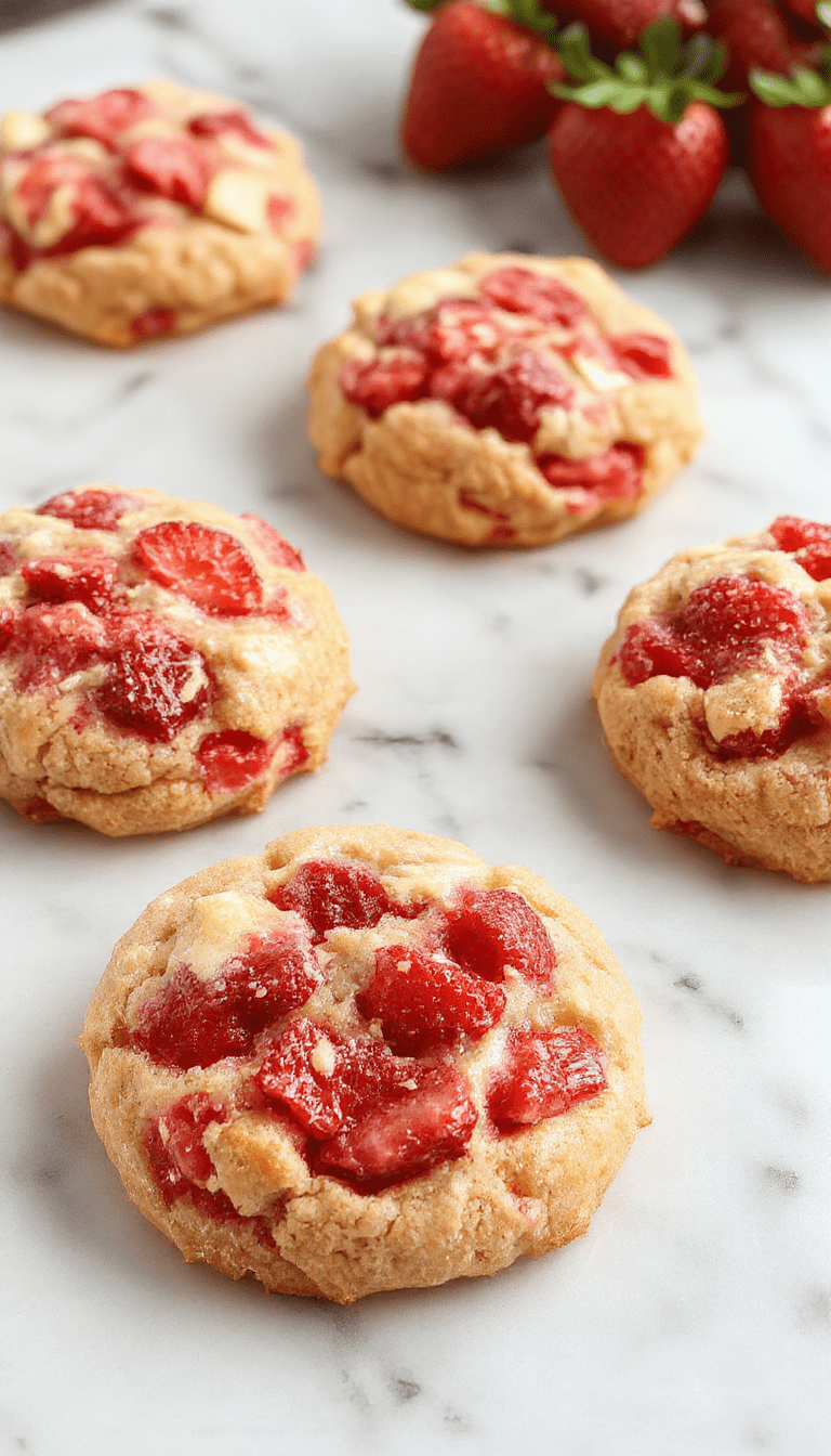 A close-up of golden-brown strawberry crunch cookies arranged on a rustic white plate, topped with fresh sliced strawberries and sprinkled with crunchy crumble, with a light pastel background emphasizing the sweet and inviting texture.