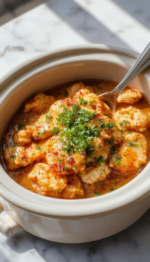 A close-up shot of a creamy, golden-brown chicken breast topped with fresh herbs and cherry tomatoes, served on a rustic wooden platter with a sprig of parsley for garnish, set against a blurred cozy kitchen background.