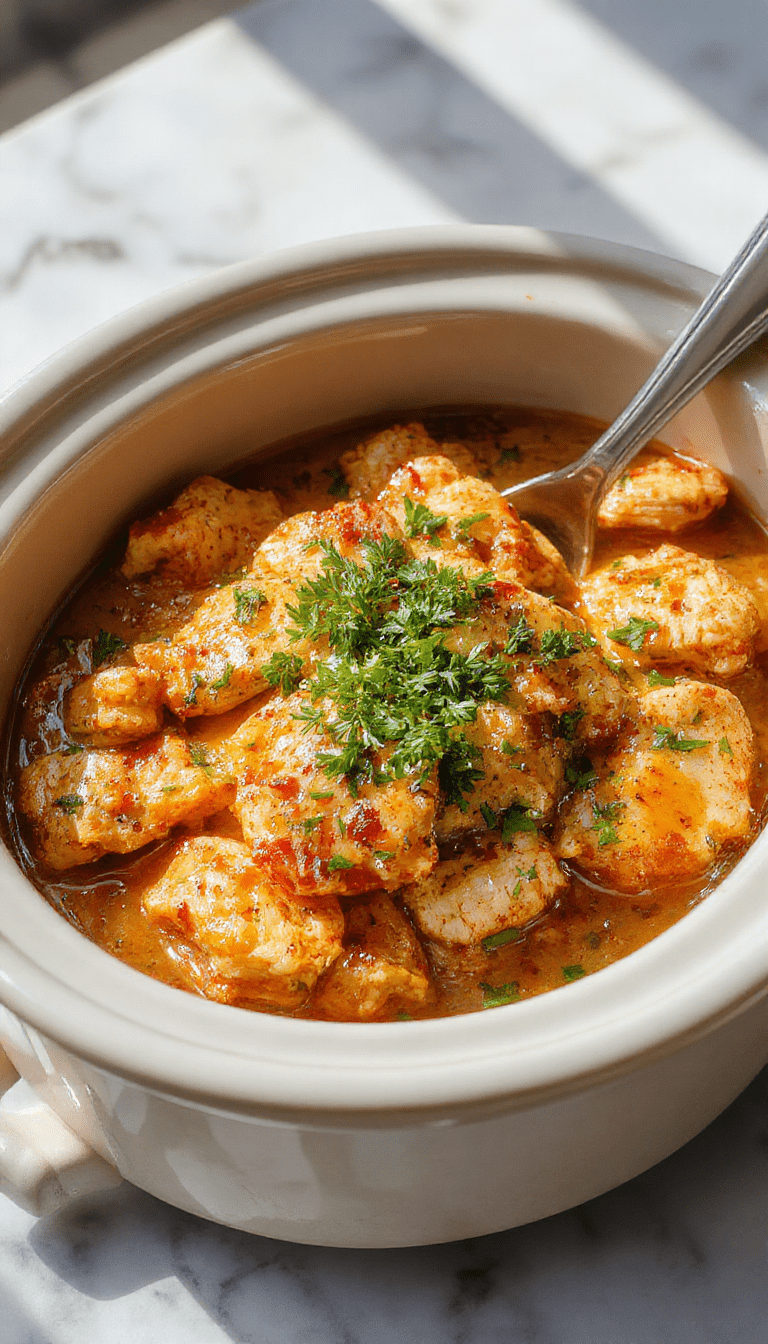 A close-up shot of a creamy, golden-brown chicken breast topped with fresh herbs and cherry tomatoes, served on a rustic wooden platter with a sprig of parsley for garnish, set against a blurred cozy kitchen background.