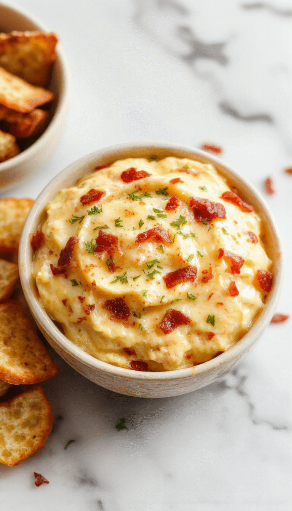 A creamy cheese dip topped with crispy bacon pieces and drizzled with rich maple syrup, served in a white bowl on a rustic wooden platter, garnished with fresh herbs, with warm tones highlighting the glossy bacon and gooey cheese texture.