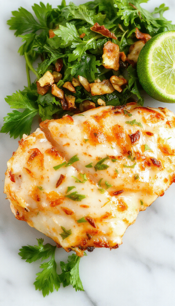 Vibrant dish featuring shredded chicken coated in a creamy coconut lime sauce, garnished with fresh lime slices and cilantro on a white plate with a tropical backdrop.