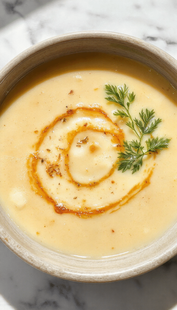 A vibrant bowl of Tuscan Parmesan Cream Soup garnished with fresh basil and parmesan shavings, served on a rustic wooden table with a warm ambiance, showcasing the smooth creamy texture with bits of herbs and cheese.