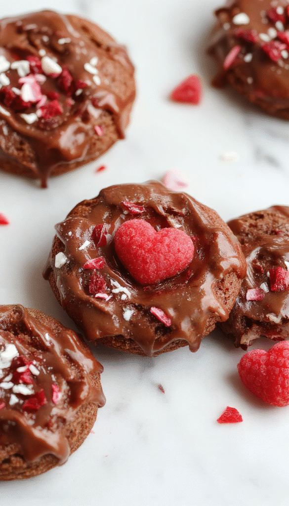 Close-up of beautifully arranged Valentine ganache cookies with glossy chocolate ganache topping, heart-shaped sprinkles, and a romantic pink background, showcasing the smooth textures and intricate decorations.