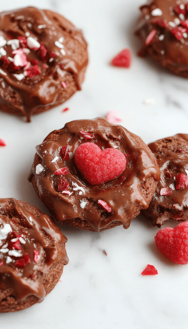 Close-up of beautifully arranged Valentine ganache cookies with glossy chocolate ganache topping, heart-shaped sprinkles, and a romantic pink background, showcasing the smooth textures and intricate decorations.
