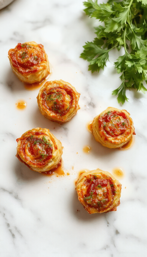 Golden-brown vegan pizza rolls arranged on a rustic wooden platter, with a side bowl of marinara sauce, vibrant green basil leaves, and melted plant-based cheese showing through the crispy exterior, styled with fresh herbs for an appetizing and colorful presentation.