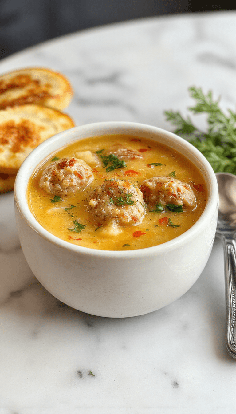 A bowl of hearty Swedish meatball soup with tender meatballs, creamy broth, potatoes, carrots, and fresh herbs, beautifully plated with a rustic wooden background.
