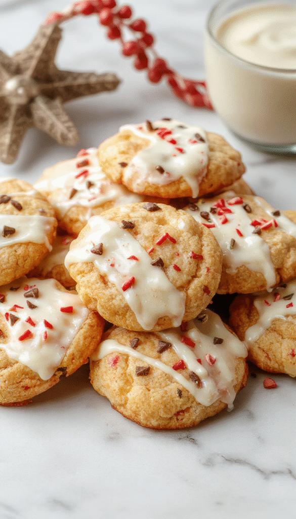 A close-up shot of white chocolate dipped chewy maple cookies arranged on a festive red platter. The cookies have a golden-brown, chewy texture with a smooth white chocolate coating drizzled over the top. Sparkling sprinkles and a sprig of holly add holiday flair, set against a blurred Christmas background with soft lighting highlighting the glossy chocolate and inviting texture.
