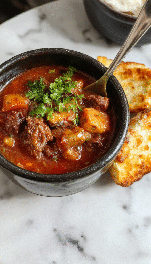 A bubbling black cauldron filled with rich, dark beef stew garnished with fresh herbs, set on a rustic wooden table with steam rising, surrounded by witches' accessories for a spooky vibe.