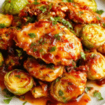 Colorful plate featuring golden-brown air fried chicken pieces glazed with sweet chili sauce, accompanied by roasted green Brussels sprouts with crispy edges, all beautifully styled on a white plate with a modern backdrop and natural lighting emphasizing textures and vibrant colors.