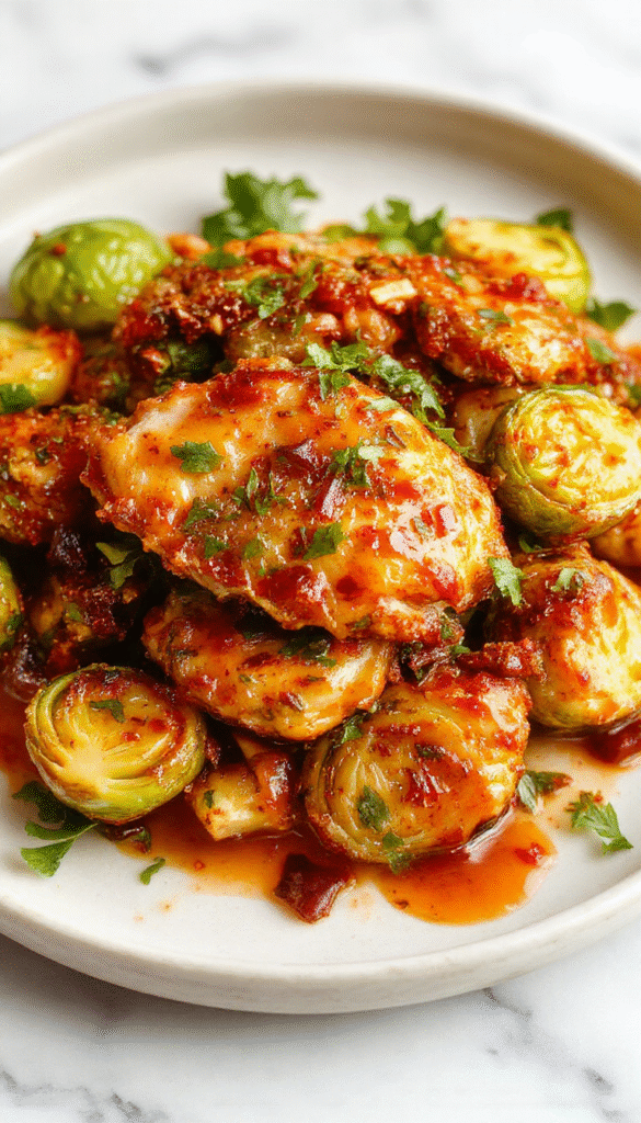 Colorful plate featuring golden-brown air fried chicken pieces glazed with sweet chili sauce, accompanied by roasted green Brussels sprouts with crispy edges, all beautifully styled on a white plate with a modern backdrop and natural lighting emphasizing textures and vibrant colors.