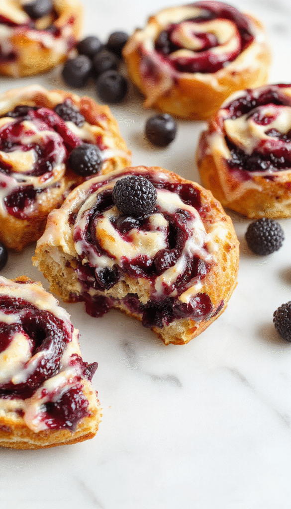 A sliced loaf of blueberry cream cheese bread on a rustic wooden board, showcasing swirls of cream cheese and vibrant blueberries inside, topped with a dusting of powdered sugar, with a blurred background of fresh blueberries and mint leaves.