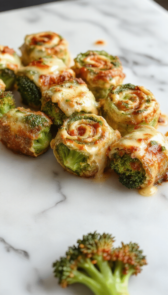 Colorful broccoli cheese pinwheels on a white plate, featuring golden-brown flaky pastry filled with vibrant green broccoli and melted cheese, styled with a sprinkle of fresh herbs for a tempting presentation.