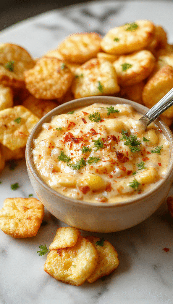 A vibrant bowl of Crack Corn Dip featuring golden yellow corn kernels coated in a creamy, cheesy sauce, garnished with chopped green onions and dotted with red pepper flakes, presented on a rustic wooden table with crunchy chips on the side.