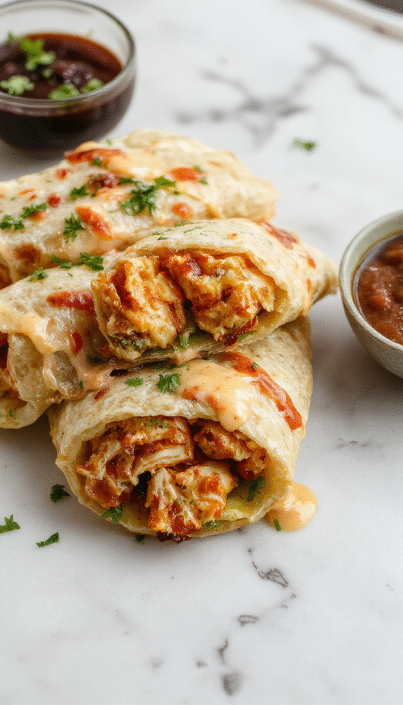 A vibrant plate of cheesy garlic chicken wraps featuring golden-brown tortillas filled with tender chicken, gooey melted cheese, and fresh herbs. The wraps are sliced open to showcase the juicy filling, garnished with chopped parsley, with a backdrop of garlic cloves and melted cheese drips for a tempting look.