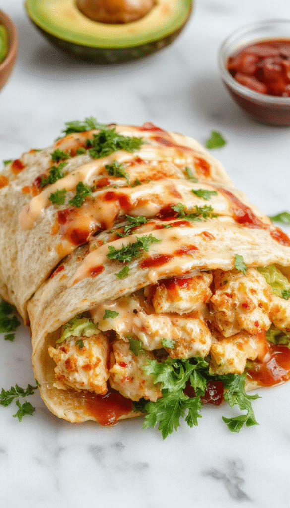 A vibrant chicken avocado wrap sliced in half showing fresh green avocado, juicy chicken, and crispy lettuce wrapped in a soft tortilla on a white plate, garnished with cherry tomatoes and herbs, with a rustic wooden background.