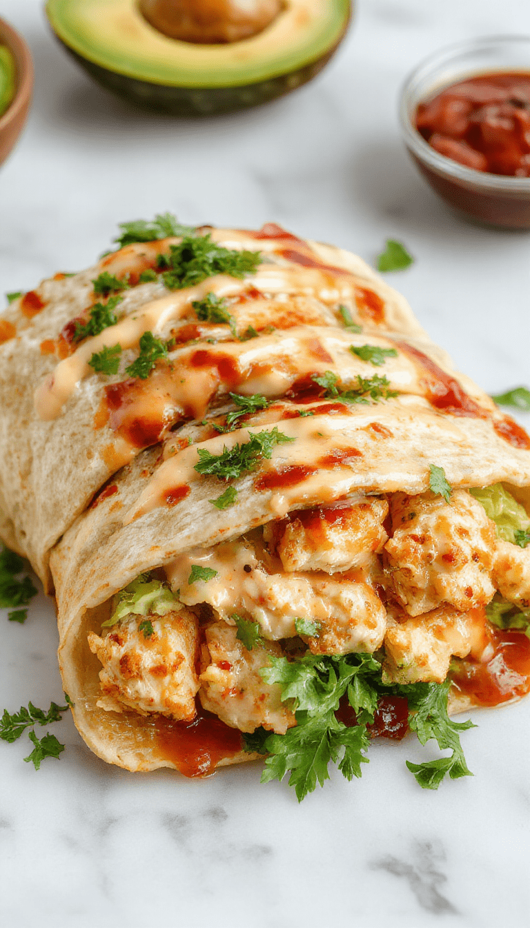 A vibrant chicken avocado wrap sliced in half showing fresh green avocado, juicy chicken, and crispy lettuce wrapped in a soft tortilla on a white plate, garnished with cherry tomatoes and herbs, with a rustic wooden background.