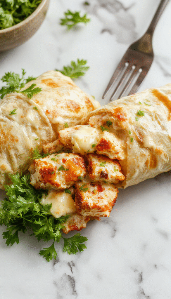 A vibrant, close-up shot of a Chicken Caesar Wrap sliced in half, revealing layers of grilled chicken, crisp romaine lettuce, parmesan cheese, and creamy Caesar dressing wrapped in a golden toasted tortilla, styled on a rustic wooden plate with fresh ingredients surrounding it.