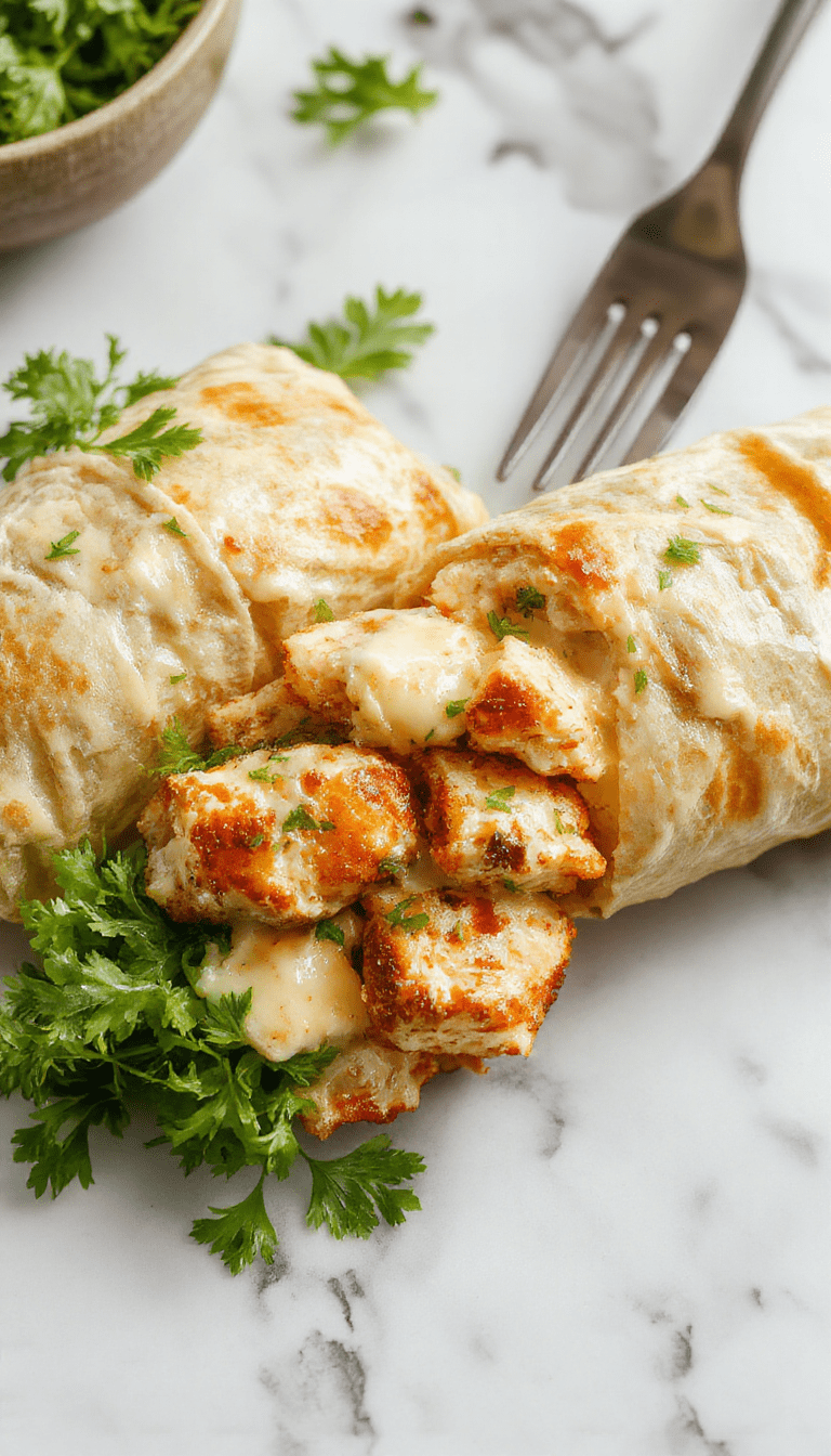 A vibrant, close-up shot of a Chicken Caesar Wrap sliced in half, revealing layers of grilled chicken, crisp romaine lettuce, parmesan cheese, and creamy Caesar dressing wrapped in a golden toasted tortilla, styled on a rustic wooden plate with fresh ingredients surrounding it.