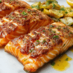 A perfectly cooked salmon fillet with crispy golden skin and tender pink flesh, garnished with fresh herbs on a white plate, served alongside vibrant lemon wedges. The dish is styled simply with a modern, minimalistic background highlighting the crispy texture and juicy interior, with steam gently rising to evoke freshness.