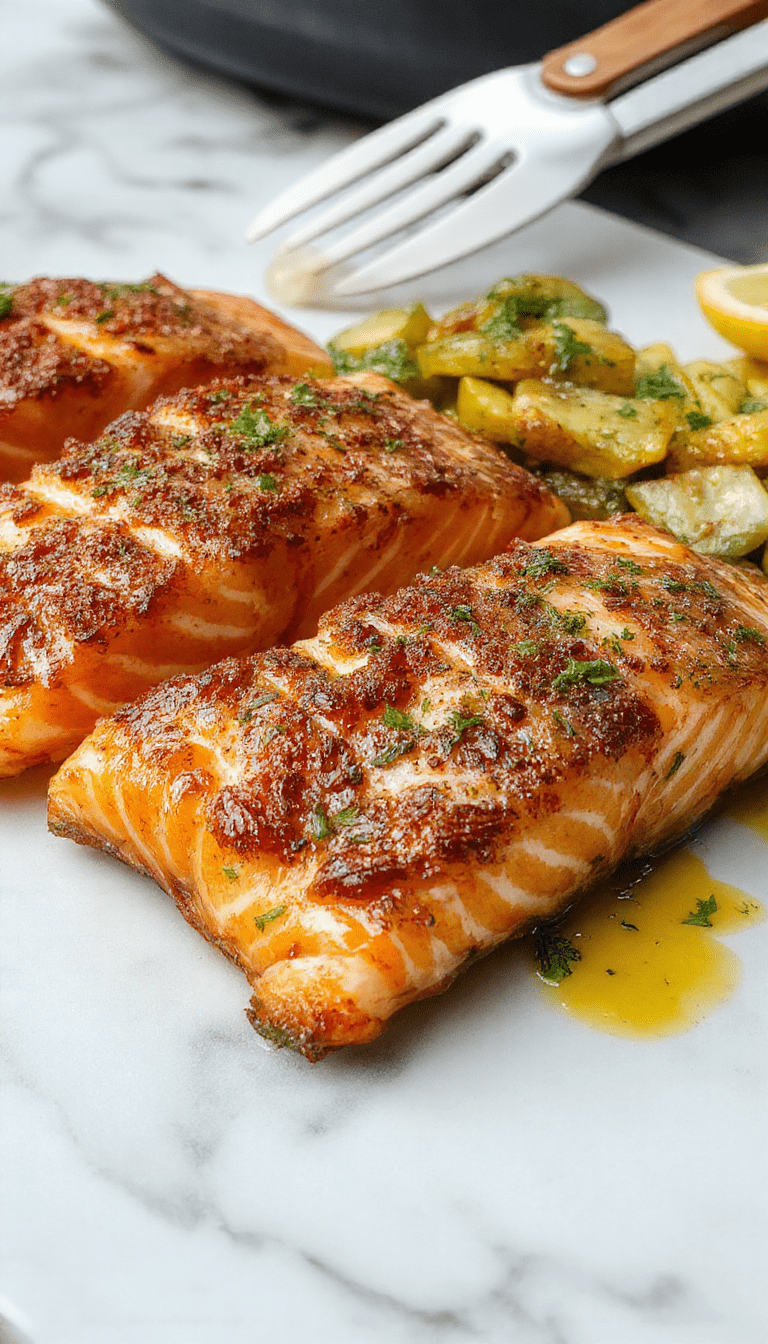 A perfectly cooked salmon fillet with crispy golden skin and tender pink flesh, garnished with fresh herbs on a white plate, served alongside vibrant lemon wedges. The dish is styled simply with a modern, minimalistic background highlighting the crispy texture and juicy interior, with steam gently rising to evoke freshness.