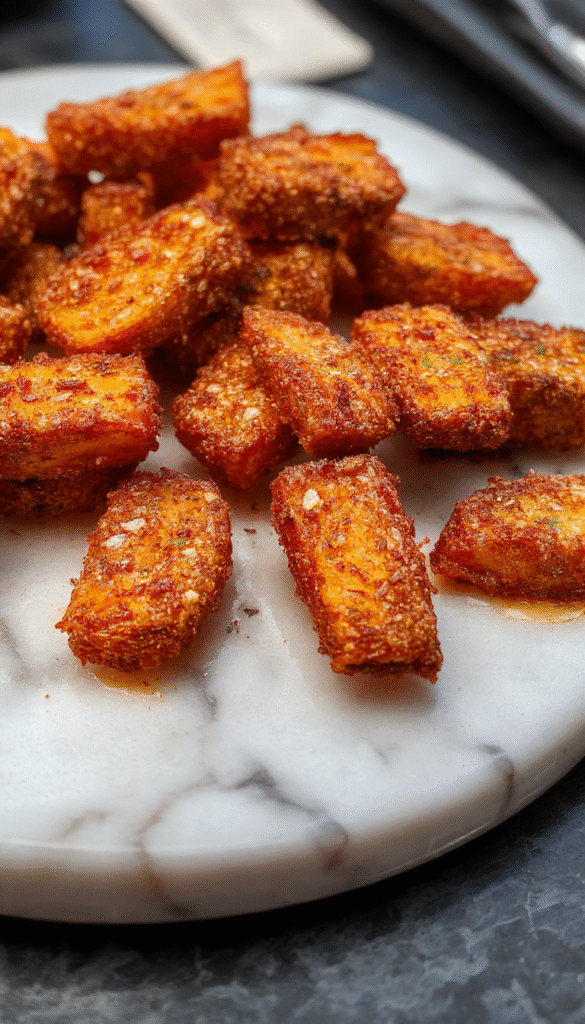 A close-up of golden-brown crispy sweet potato fries arranged on a rustic wooden platter, garnished with fresh herbs. The fries have a crunchy texture with visible seasoning and the vibrant orange and brown hues highlight their appeal.