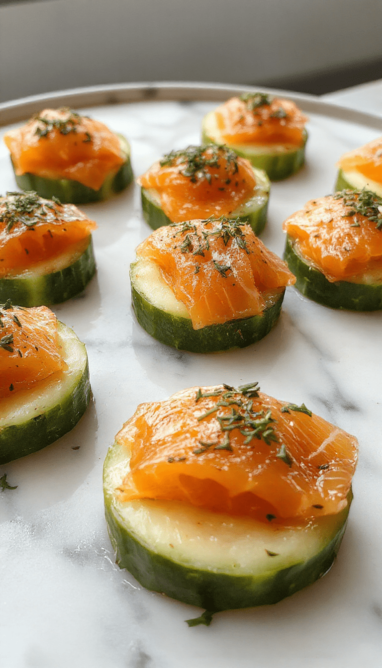 Colorful cucumber slices topped with delicate smoked salmon and garnished with fresh herbs, arranged on a white plate with a rustic wooden background, highlighting the vibrant green and orange hues, with a drizzle of sauce emphasizing the elegant presentation.