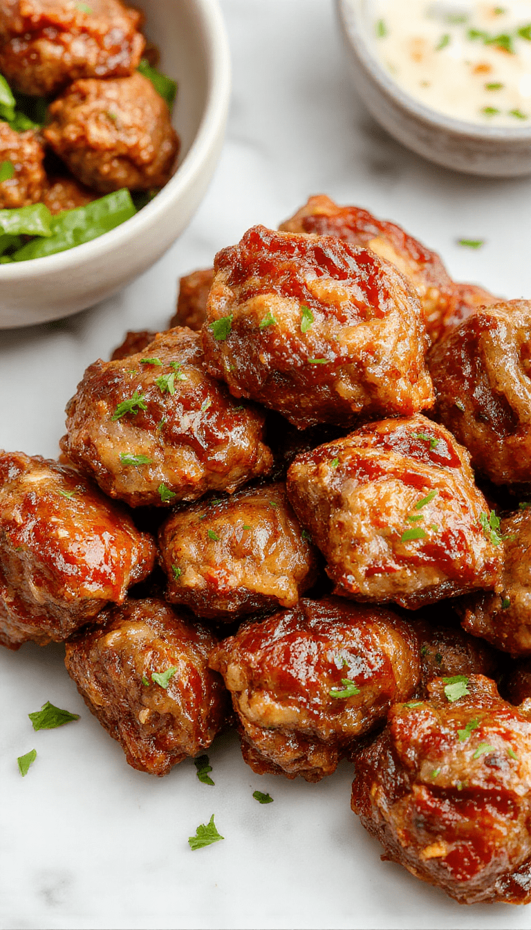 A close-up of tender beef bites coated in rich garlic butter sauce, plated on a white dish with fresh herbs, showcasing a glossy texture and juicy interior, styled with a rustic wooden background.